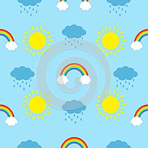 Cute cartoon kawaii sun, cloud with rain, rainbow set. Baby Seamless Pattern Wrapping paper, textile template. Blue background. Fl