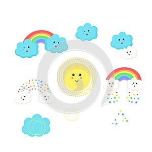 Cute cartoon kawaii sun, cloud, star, rainbow icon set. Smiling face emotion.