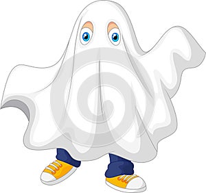 Cute cartoon kid in a ghost costume celebrating Halloween