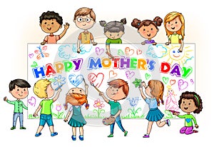 Cute cartoon kids different nationalities hold and paint banner