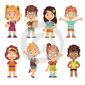 Cute cartoon kids set. Children girls boys standing kid portraits happy teens group funny preschool child characters