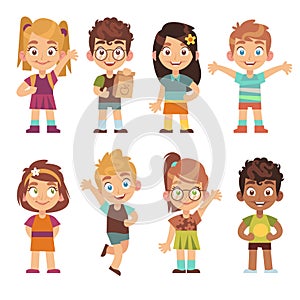 Cute cartoon kids set. Children girls boys standing kid portraits happy teens group funny preschool child characters photo