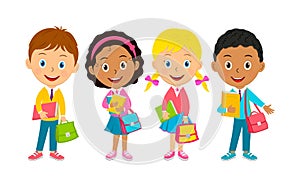 Cute cartoon kids stand with books and bags
