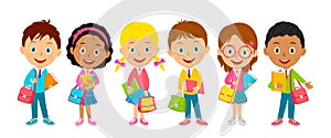 Cute cartoon kids stand with books and bags