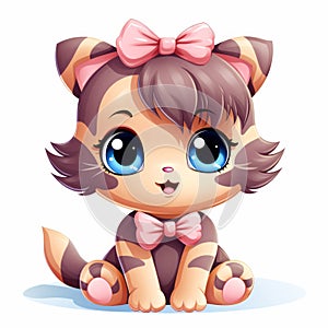 cute cartoon kitten with blue eyes and pink bow