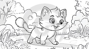 Cute Kitten Line Art Walking Outdoors in Nature