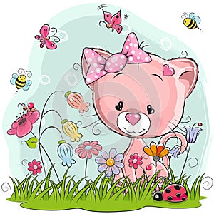 Cute Cartoon Kitten on a meadow