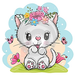Cute Cartoon Kitten on a mesdow photo