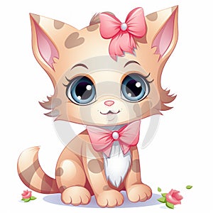 cute cartoon kitten with pink bow sitting on a white background
