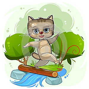 Cute cartoon Kitten by the river. Postcard for children. Dexterous cat scout. funny animal overcomes an obstacle