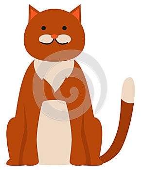 Cute cartoon kitty with ginger colored fur, sitting with a contented face, nice pet vector isolated