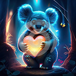 Koala Joey hugging heart Cute cartoon koala with a heart in his hands. Valentine's Day. AI Generated animal ai