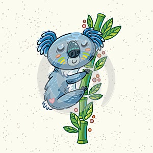 Cute cartoon koala on a tree. Vector illustration