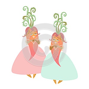 Cute cartoon ladies - carrot in beautiful dress. Charming personages