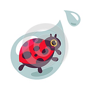 Cute cartoon ladybug beetle on water drop flat icon