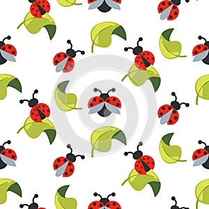 Cute cartoon ladybug on green leaves seamless vector pattern.