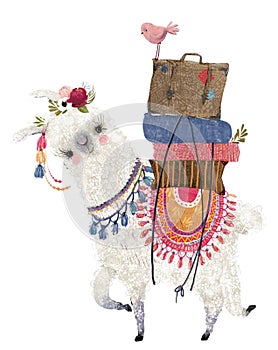 Cute cartoon lama with bird and bags