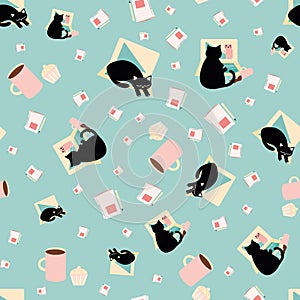 Cute cartoon laptop and cat vector seamless pattern background. Black feline, coffee break in business office. Hand