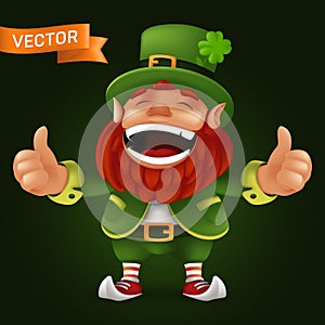 Cute cartoon Leprechaun character laughing and giving thumbs up to Happy Saint Patrick`s Day celebration. Vector illustration of