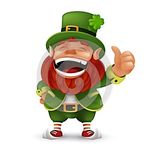 Cute cartoon Leprechaun character laughing and giving thumbs up to Happy Saint Patrick`s Day celebration. Vector Irish folklore