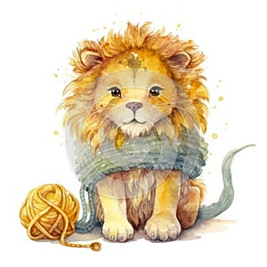 Cute cartoon the lion cub baby watercolor. kawaii. digital art. concept art. isolated on a white background