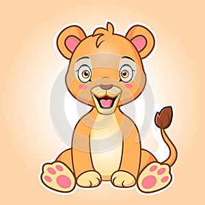 Cute cartoon lion or lioness is sitting funny smiling. Vector illustration.