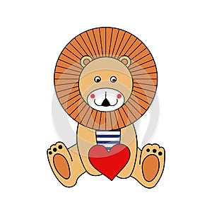 Cute cartoon lion with red heart. Valentine's day card.