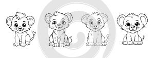 Cute Cartoon Lions Icons Set - Vector Illustration Isolated On White Background