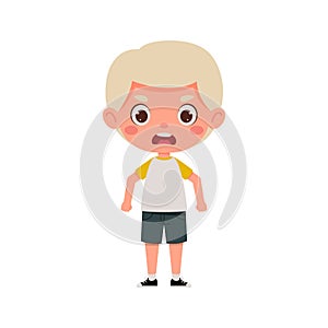 Cute cartoon little angry boy with blond hair. Little schoolboy character. Vector illustration