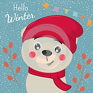 Cute cartoon little bear in knitted red cap and scarf.
