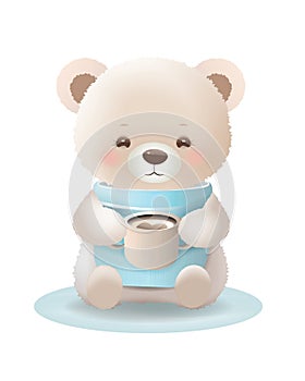 Cute cartoon little bear sitting holding a cup of hot coffee vector illustration