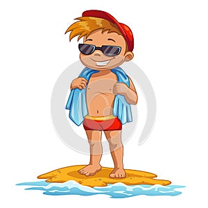 Cute cartoon little boy on the beach