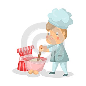 Cute cartoon little boy chef character with mixing bowl and a whisk Illustration