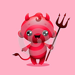 Cute cartoon little devil holding pitchfork.