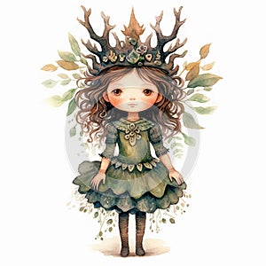 Cute cartoon little druid girl in a green dress with deer horns. Watercolor illustration. Isolated on white. Generative AI