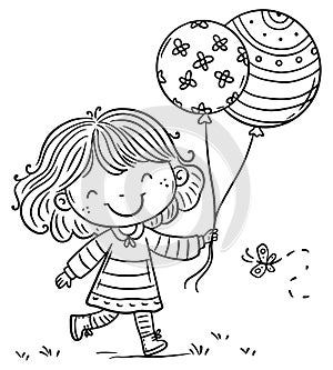 Cute cartoon little girl with balloons walking outdoors. Coloring book page for kids. Outline vector illustration