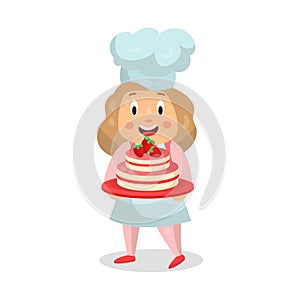 Cute cartoon little girl chef character holding a strawberry cake Illustration
