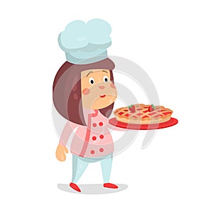 Cute cartoon little girl chef character with strawberry pie cake Illustration