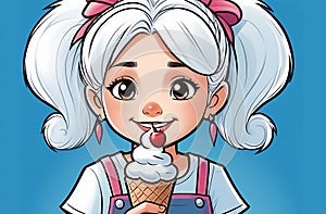 Cute cartoon little girl eating an ice cream cone, on a blue background, close-up