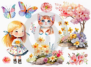 Cute cartoon little girl with flowers, kitty and butterflies. Set of watercolor elements for your design. Generative AI