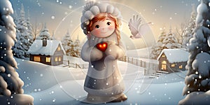 Cute Cartoon Little Girl with Heart on winter Forest background