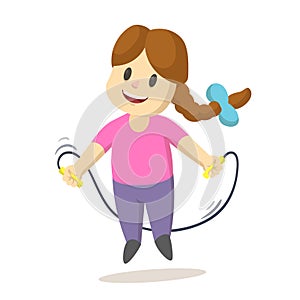 Cute cartoon little girl jumping over a skipping rope. Cartoon flat vector illustration, isolated on white background.