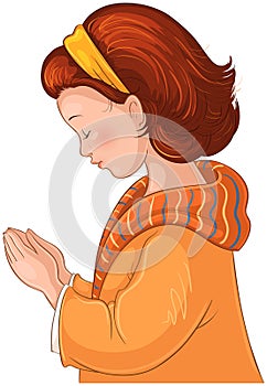 Cute Cartoon Little Girl praying with her hands folded vector illustration