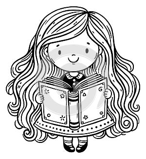 Cute cartoon little girl reading a book. Isolated outline vector illustration