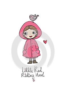 Cute cartoon little girl. Red Riding Hood fairy tale. Hand drawing isolated objects on white background.
