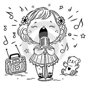 Cute cartoon little girl singing song into a microphone. Isolated black and white vector illustration