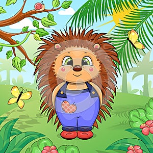 Cute cartoon little hedgehog in the forest.