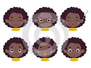 Cute cartoon little kid african girl in various expressions and gesture. Cartoon child character showing different