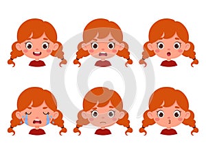 Cute cartoon little kid girl with red hair in various expressions and gesture. Cartoon child character showing different