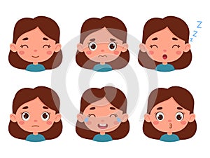 Cute cartoon little kid girl in various expressions and gesture. Cartoon child character showing different emotions